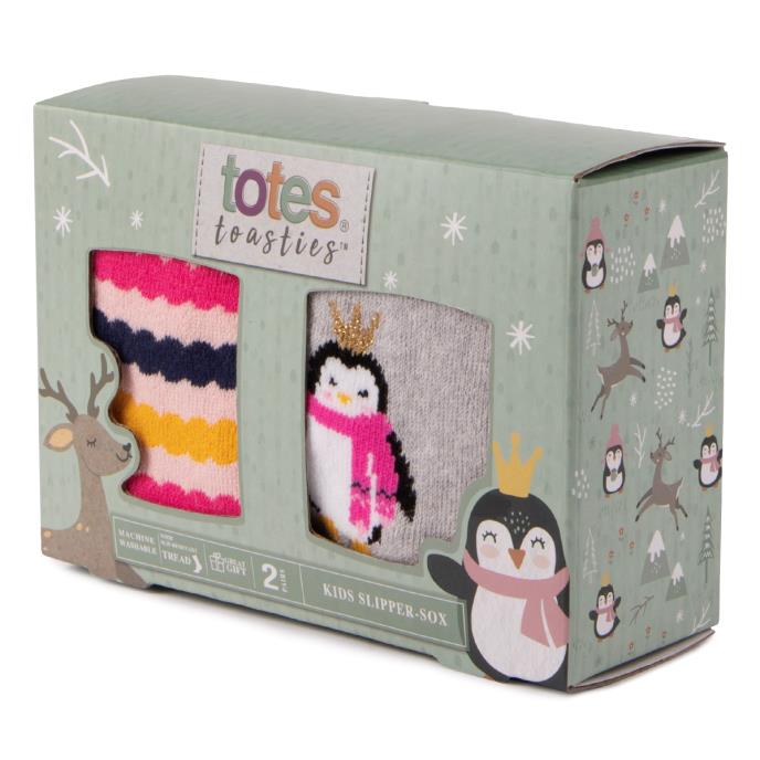 totes toasties Kids Original Novelty Slipper Socks (Twin Pack) Penguin / Stripe Extra Image 1